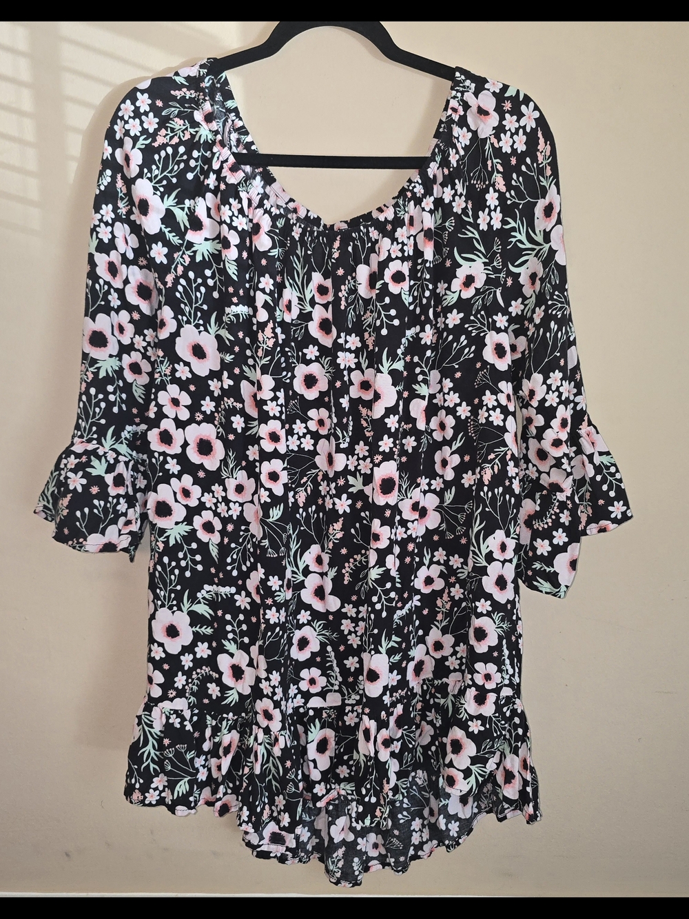 Terra & Sky Black Tunic with Pink Floral Print Boho Lightweight Plus Size